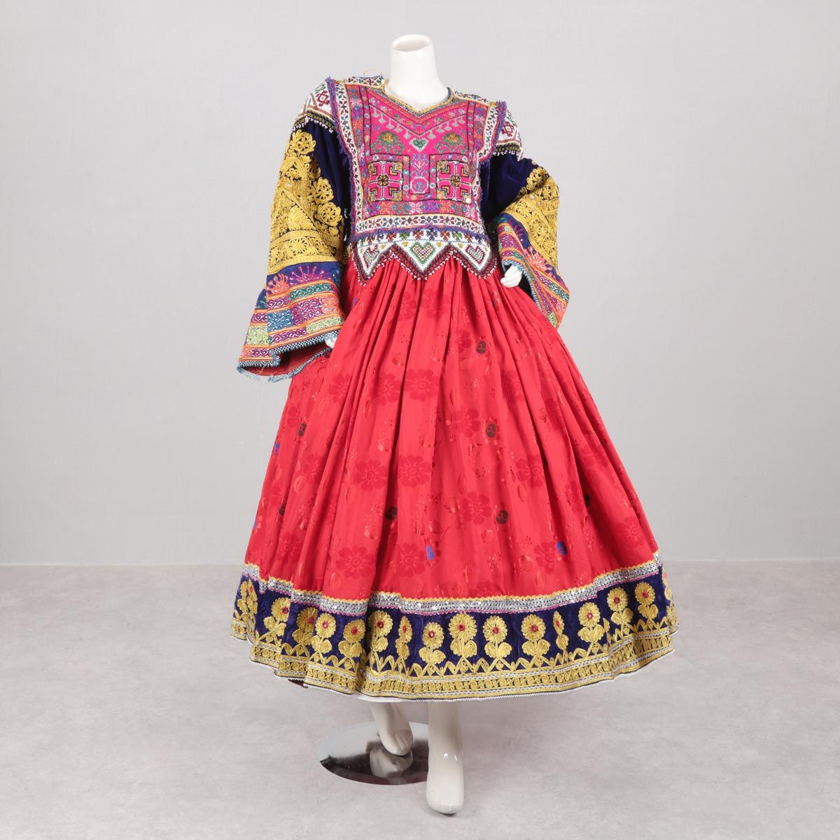Red Kochi Embroidered Fancy Long Dress | Velvet Balloon Sleeves Party Wear Frock