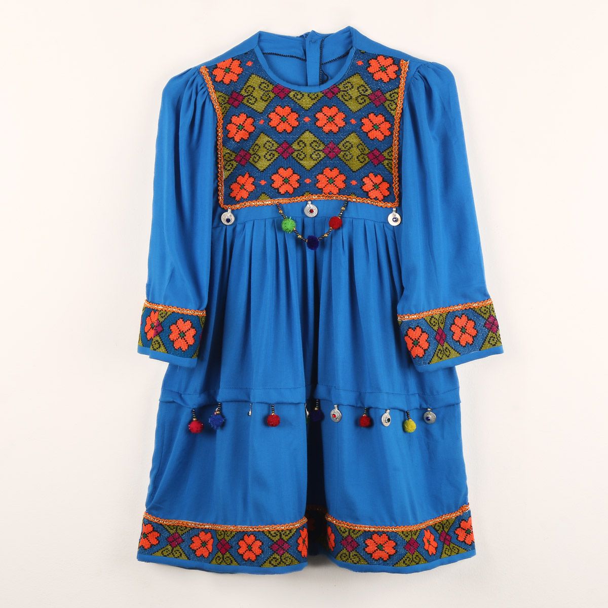 Cotton Pleated Embroidered Dress | 3-Piece Blue Casual Wear Frock